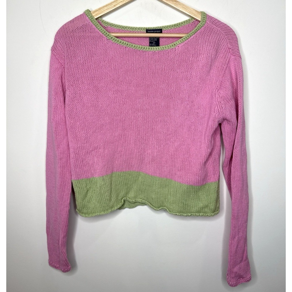Vintage Y2K Cropped Sweater Womens XS Pink Green‎ Knit Boxy Cottage Fairy Whimsy